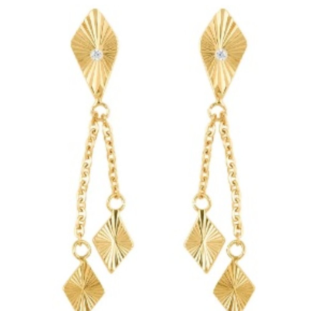 White Zircon Dangle Earrings in 14K YG Over Sterling Silver